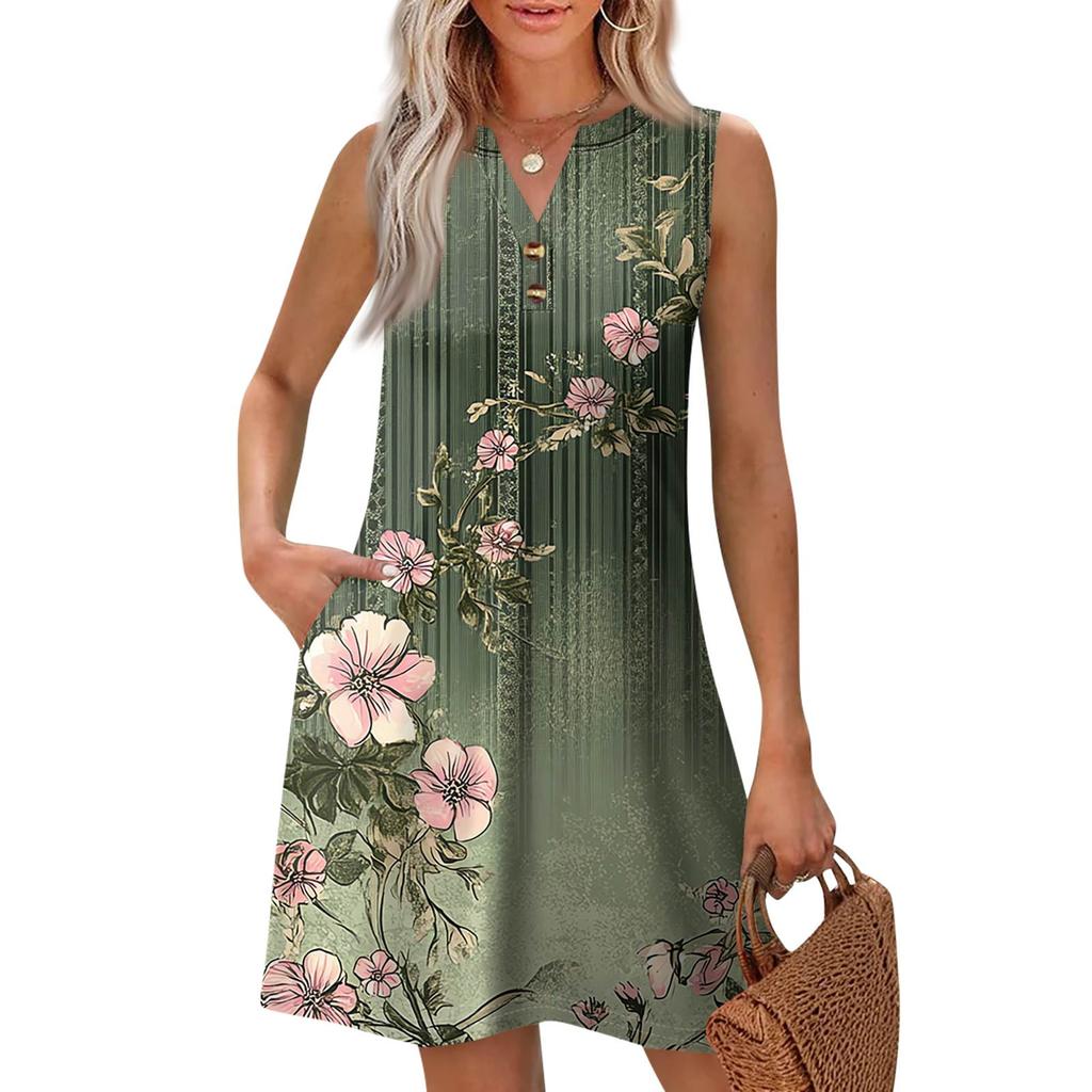 Dámská móda Ležérní potištěné V-neck knoflíky s kapsou Vesta Bez rukávů Šaty