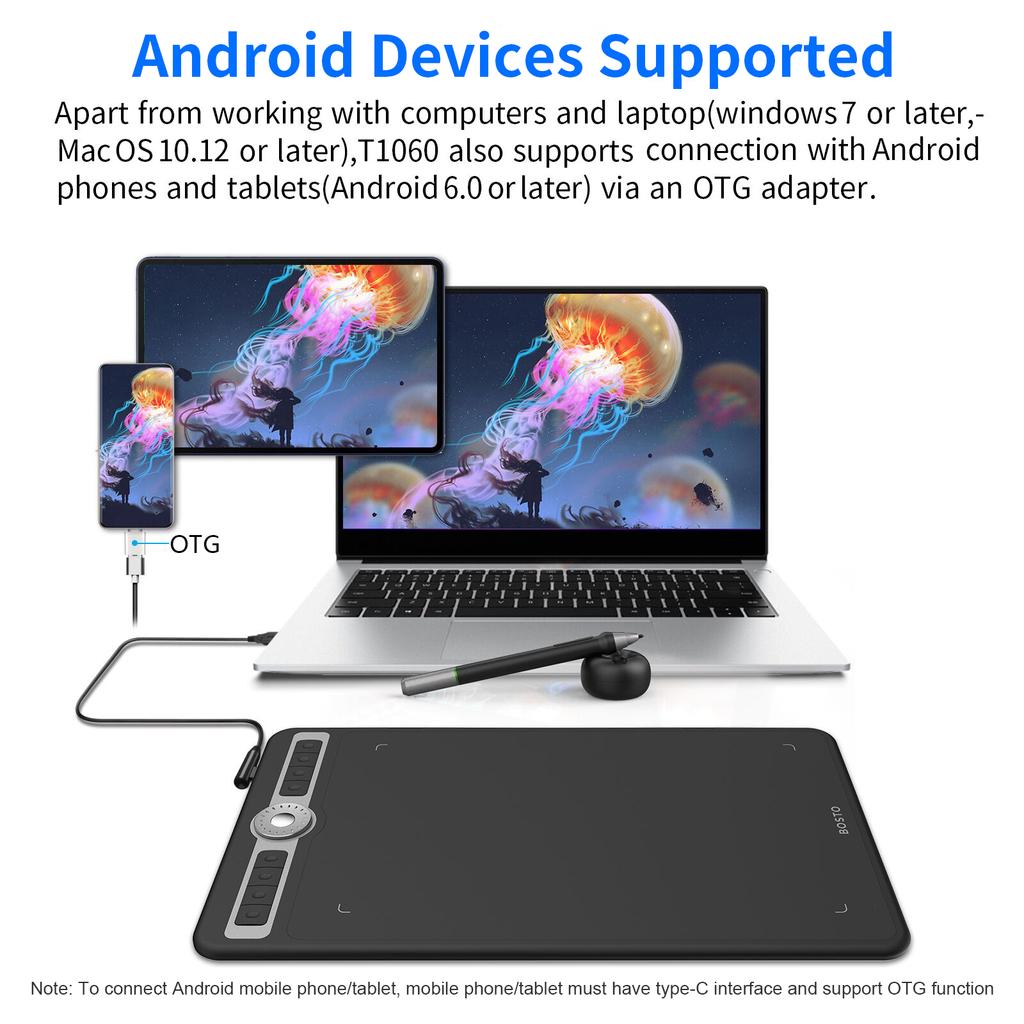 BOSTO T1060 10 x 6 İnç Dijital Sanat Grafik Çizim Tableti Pilsiz Kalem 10 Kalem Ucu 8192 Seviye Basınç 8