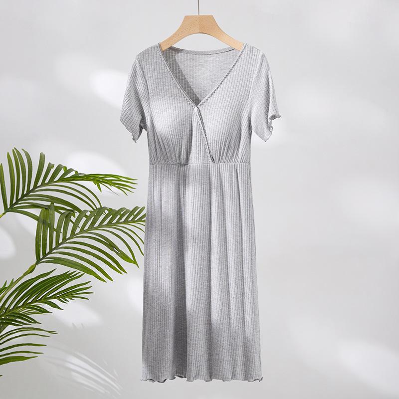 V-Neck Nursing Dress with Insertable Cups for Breastfeeding - Fashionable Postpartum Pajamas
