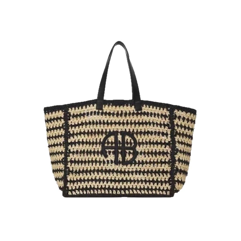 Borsa da spiaggia in paglia intrecciata con lettere AB, grande capacità, per vacanze al mare, da donna, a righe, stile semplice RIO City, borsa a mano casual da viaggio