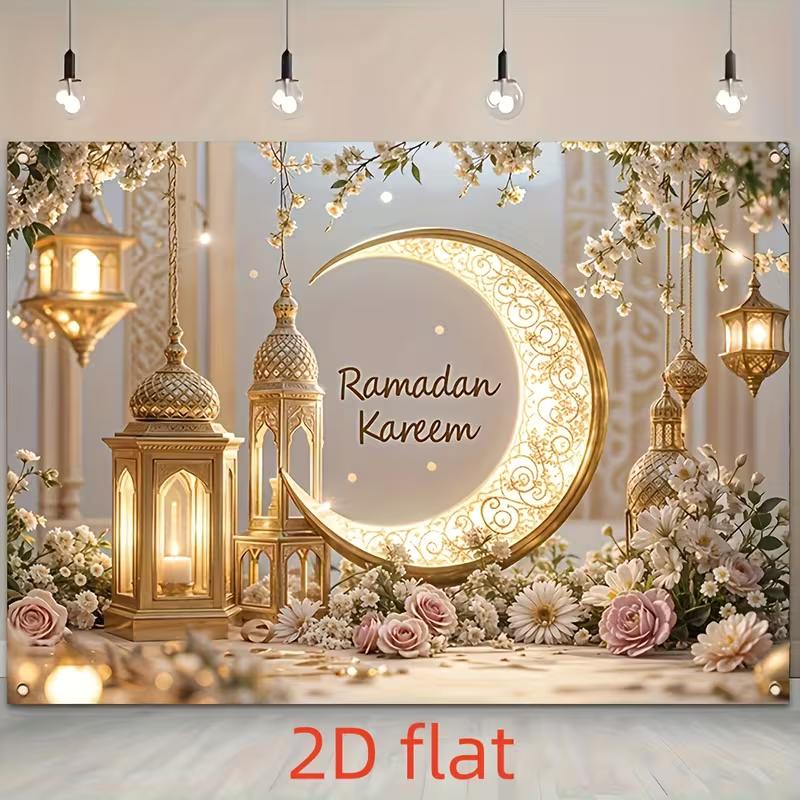 2D Warm Glow Ramadan Crescent Floral Background Cloth for Islamic Eid & Ramadan Festival Decor