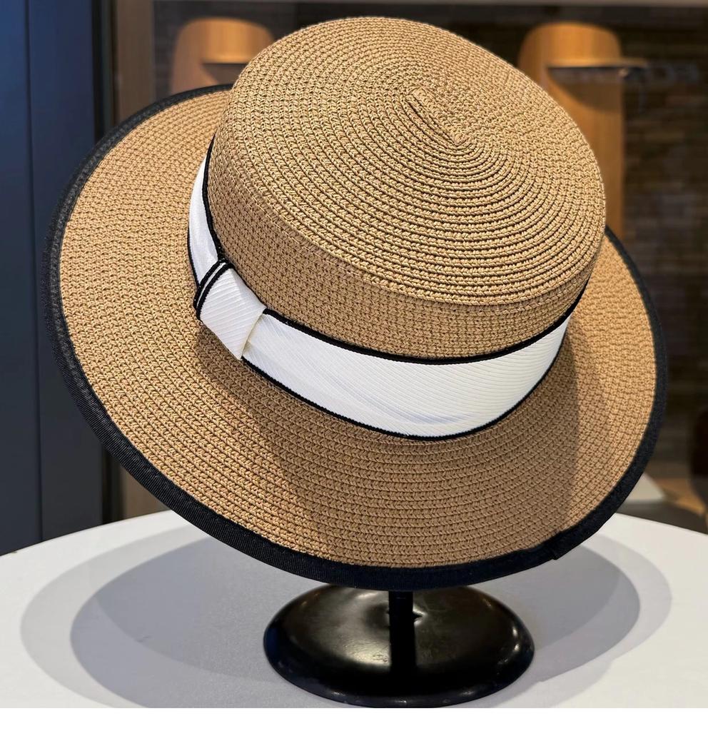 French Style Flat-Top Straw Hat Women'S Summer Beach Vacation Wide Brim Sunshade Sun Hat Grass Hat For Sun Protection