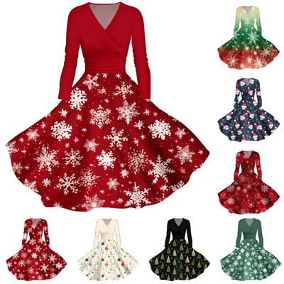Women's Casual Fashion V-neck Long Sleeved Retro Christmas Print Retro Dress