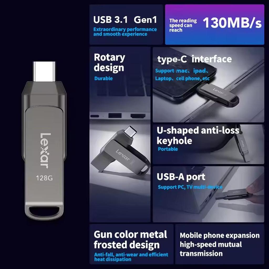 Lexar 128GB OTG Type-C USB Flash Drive 2-IN-1 USB 3.2 Type-C Dual Port U Drives Type-A 32GB 64GB 256GB U Disk Up To 130Mb/s Pen Drive for Phone and PC