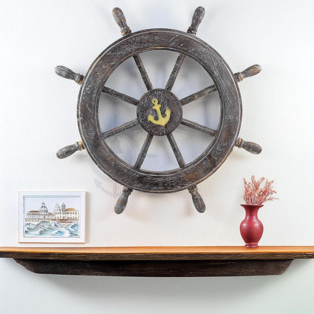 Frosty Antique Junkyard Crafted Wooden Ship Wheel | Anchor Motiff | Pirate's Home Wall Decor | Nagina International (24 Inches)