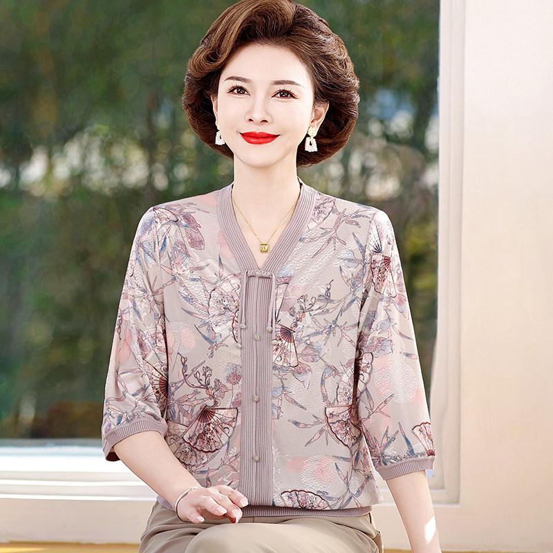 

Mom s Spring Chinese-Style Seven-Sleeve T-Shirt for Middle-Aged Women XL [Suitable for 105-120 jin] сірий колір