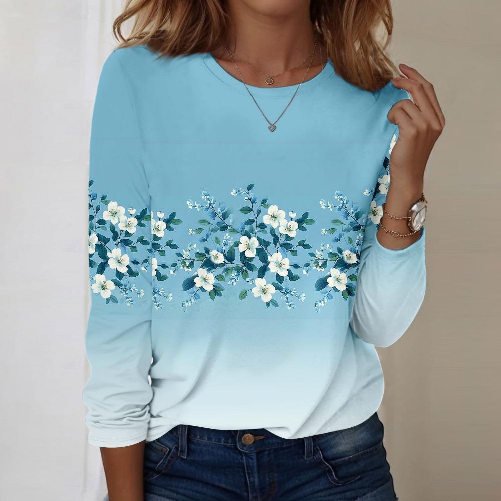 Women Fashionable Casual Long Sleeved Round Neck Floral Graphic Top Basic Design Loose And Comfortable Pullover