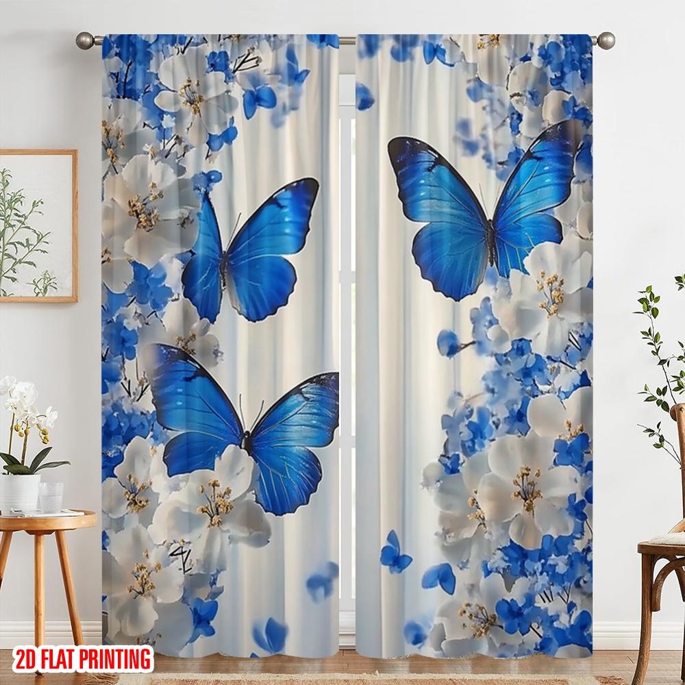 Flat Printing Scene Curtains Blue Butterfly Flower Fabric Without Electricity Birthday Party Perfect Home Wall Yard Set Of 2 Made Polyester