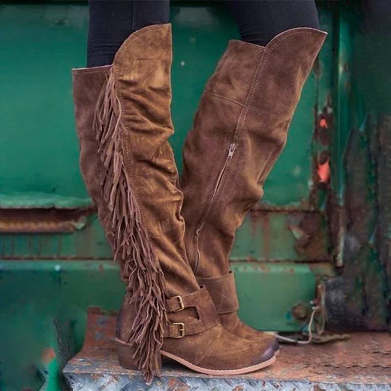 Women's Winter Retro Round Toe Zipper Boots Thick Heel Brown Long Tassel Boots Halloween Costume Party Cosplay Shoes 2025