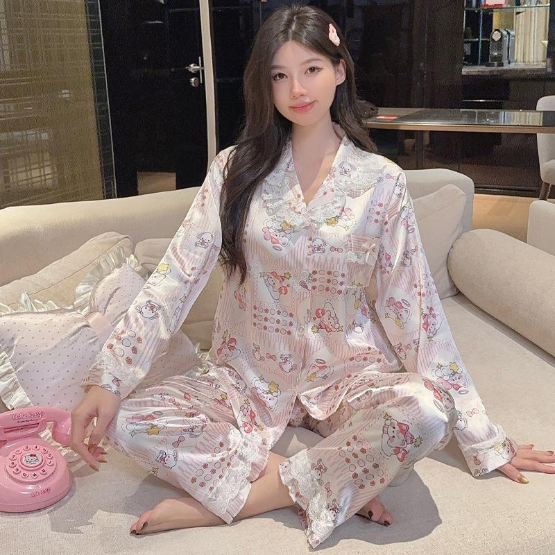 Ice Silk Pajamas Women'S Spring Thin Long-Sleeved Two-Piece Set, Sweet And Cool Loungewear Can Be Worn Outside