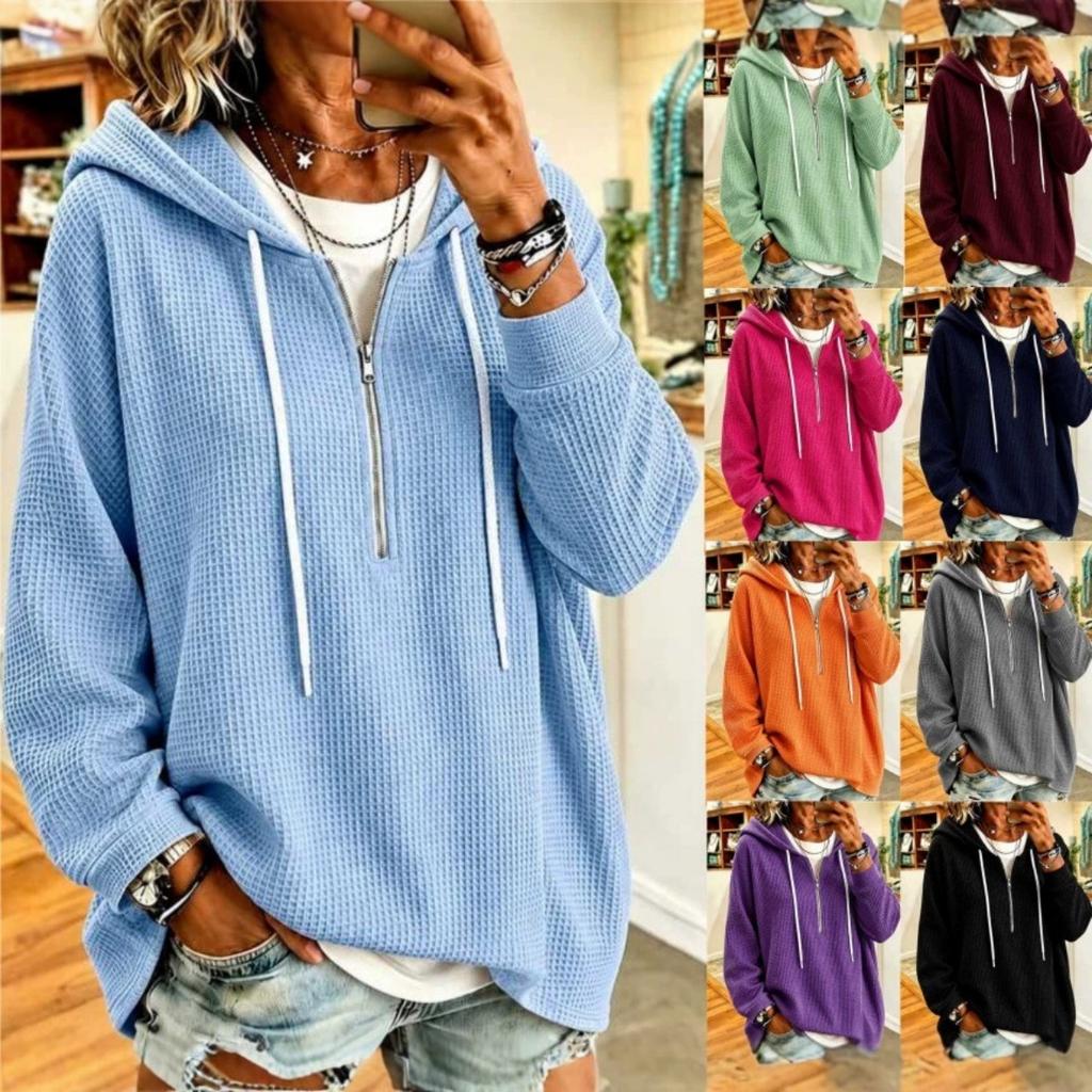 Women's Waffle Hoodie, Drawstring Zip-Up Loose Long Sleeve Sweatshirt Top, New Arrival, European American Style Cross-border Women's Clothing