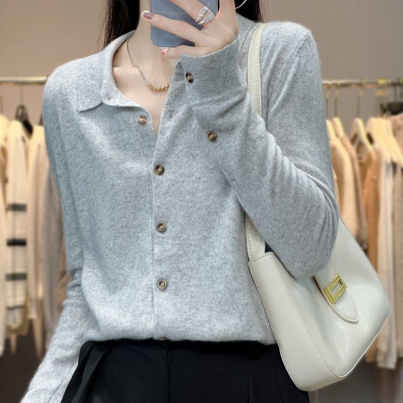 Autumn and Winter Cashmere Sweater Women's Knitted Cardigan POLO Collar Korean Style Sweater Jacket Temperament Lapel Shirt Design