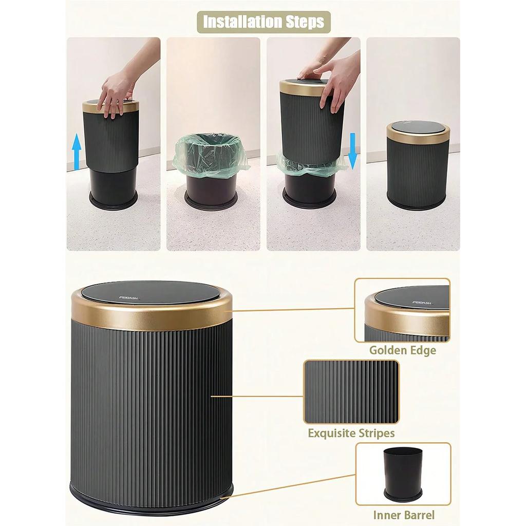 Modern White and Black Double Layered Trash Bin with Press Top Lid Bathroom, Office and Bedroom