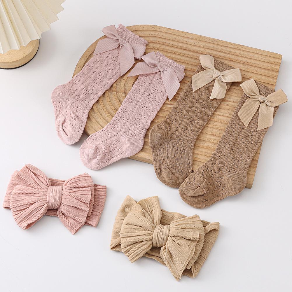 2Pcs Baby Girl Fall Outfit Vintage Cable Knit Stockings With Bow Headband Solid Spanish Socks Hair Accessories For 0-12 Months
