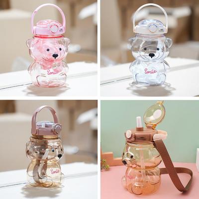 1000ml Cute Cartoon Bear Plastic Water Bottle Large Capacity Kids Portable Leak Proof For School Outdoor With Straw Handle