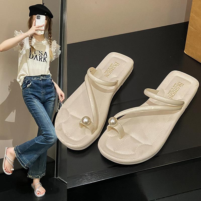 New toe slippers women wear half slippers summer pearl fairy wind vacation flat beach shoes sandals
