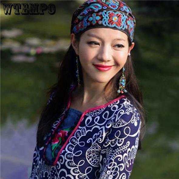 WTEMPO Women Casual Mexican Style Ethnic Vintage Embroidery Flower Black Blue Pink Red Printed Hats
