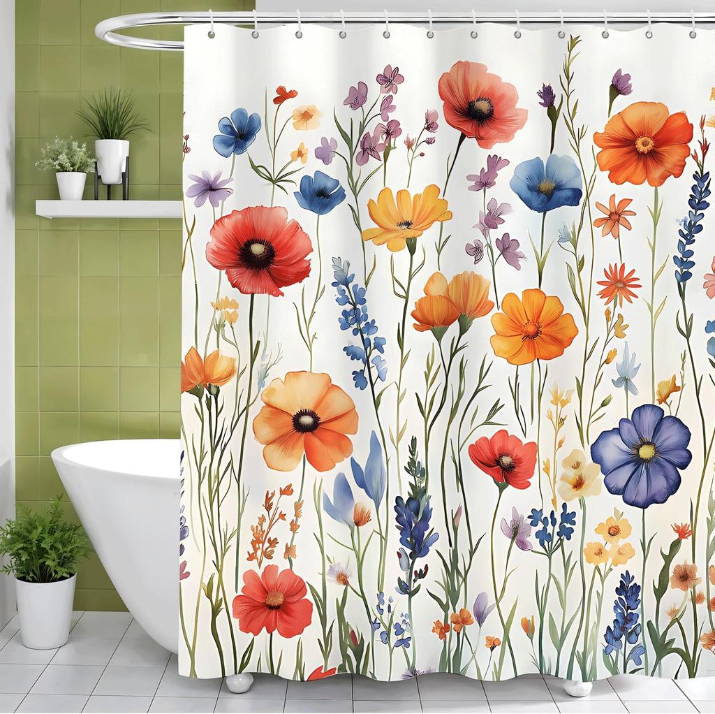 Flowers Butterflies Shower Curtain with Hooks Bathroom Curtain Decor Shower Curtain Waterproof Machine Washable