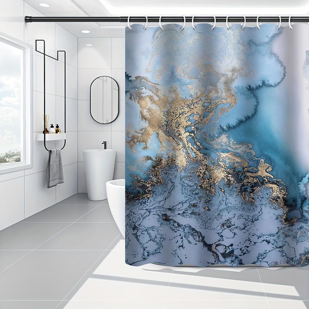 4-Pack Marble Shower Curtain, 3D Fabric Bathroom Curtain With Hooks, Flannel Toilet Seat, Non-Slip Rug