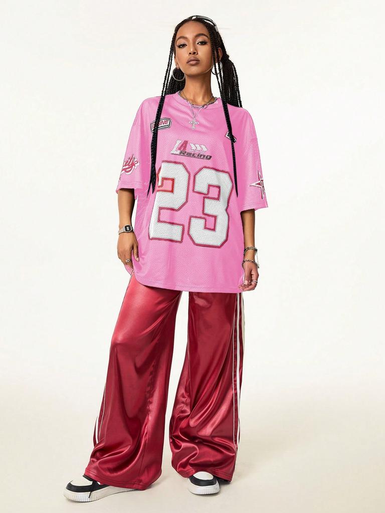 Women's Spring Summer Pink Mesh Short Sleeve T Shirt Casual Oversized Top For Streetwear Fans Daily Wear