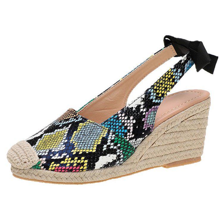 European & American Snakeskin Pattern Jute Wedge Women's Closed-Toe Backless Summer Sandals, Plus Size High Heel Shoes