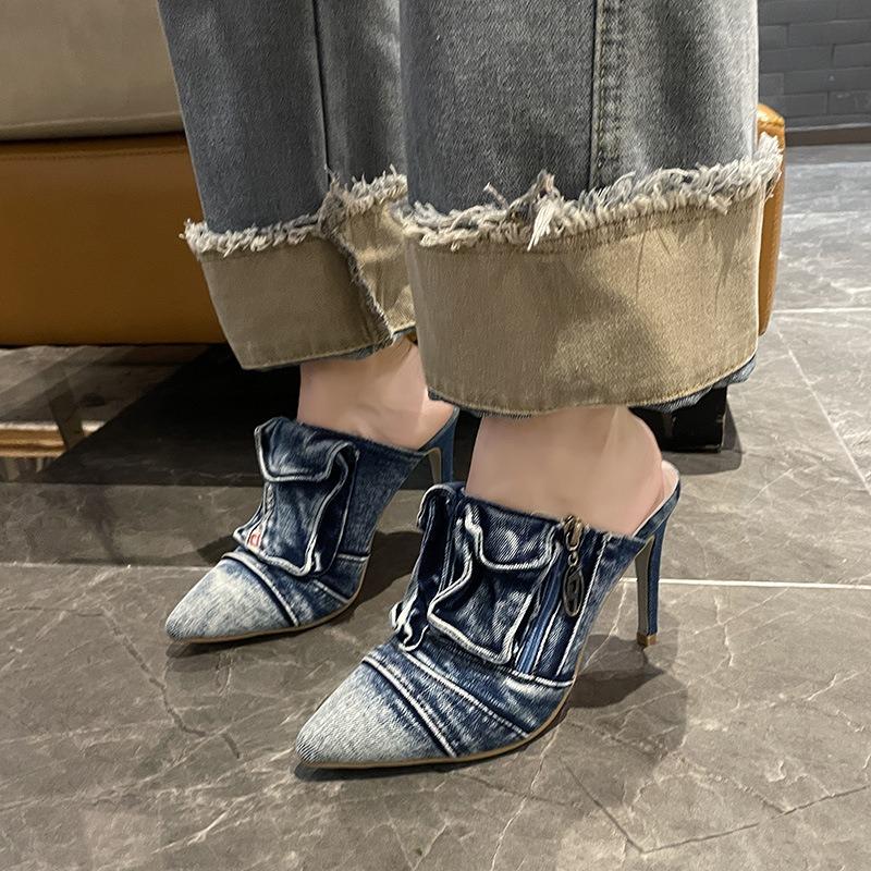 Summer new high-heeled pointed-toed thin-heeled high-heeled women's sandals washed denim retro personalized old cool slippers women