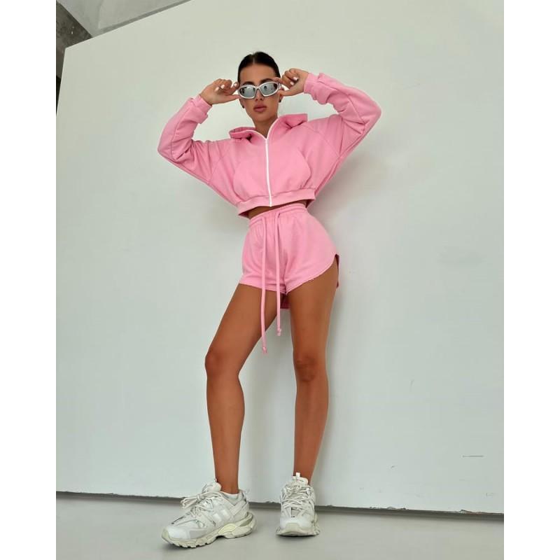 Womens Casual Hooded 2-Piece Set Long Sleeve Zip-Up Top With Drawstring Shorts Streetwear Outfit