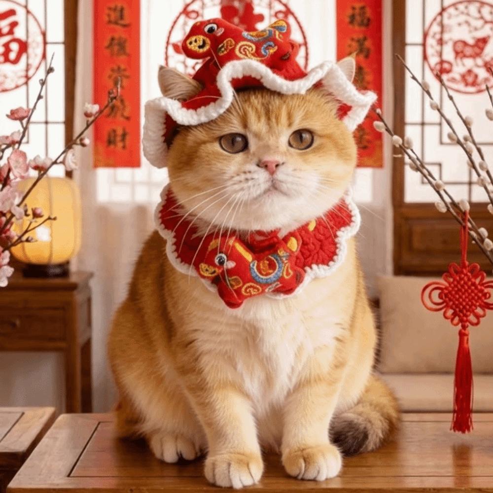 Red Chinese Style Pet Scarf Cartoon New Year Cat Headwear Winter Dog Cap Cat Collar  Pet Costume
