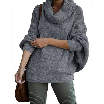 Pull tricoté à col haut pour femme, couleur unie, pull tendance, lanterne, ample, manches longues, décontracté