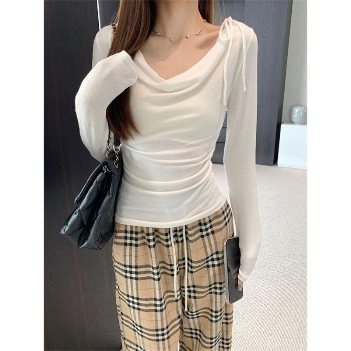 Damen Schlankmachendes Koreanisches Mode-Swing-Kragen-Basisshirt - Herbst/Winter Langarm Einfarbige Trendiges Oberteil