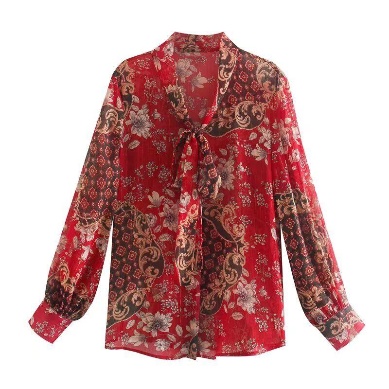 

Zbzr Spring New Women clothes Western Style French style Versitile Fashion Leisure Gold Thread Chiffon Printing Ribbon Shirts Flower color XS