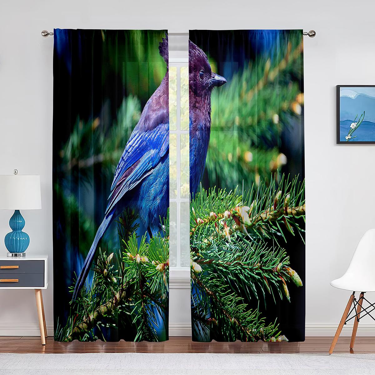 Тюлевые прозрачные шторы с милой синей птицей на ветке дерева для гостиной — фото 13