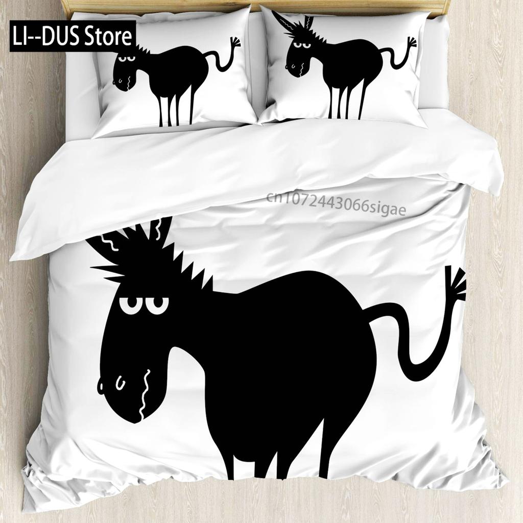 Donkey Duvet Cover Set Cartoon Donkey With HEE Haw Text Funny Domestic Animal Portrait King Size Twin Bedding Set For Kids Teens