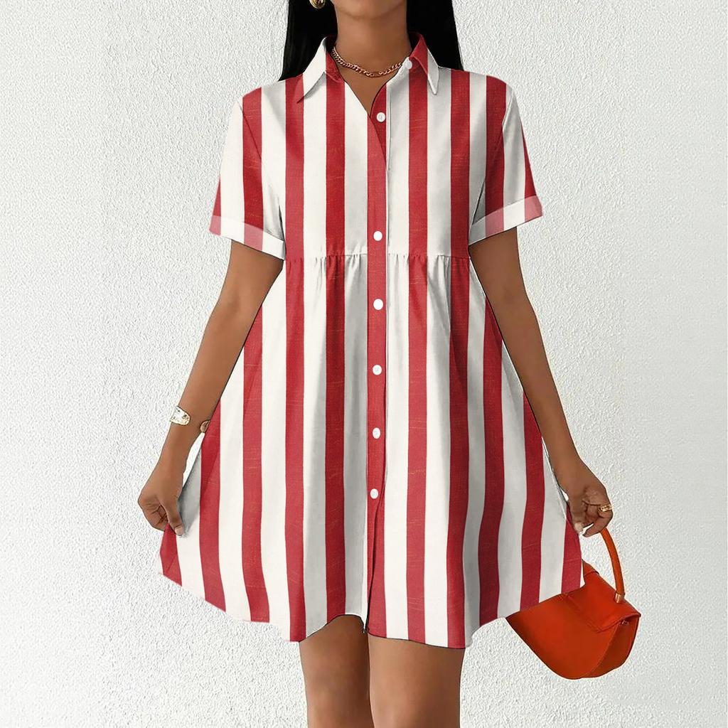 Women Loose Fit Casual Shirt Dress with Button Front and Stand Collar Short Sleeve Striped Design for Everyday Wear