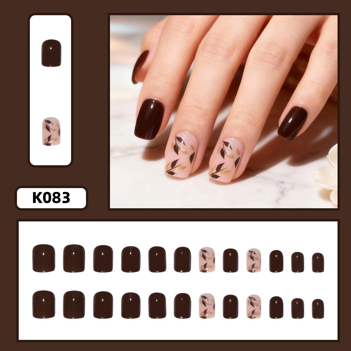 24-Piece Brown Gold Leaf Short Square Reusable Fake Nails