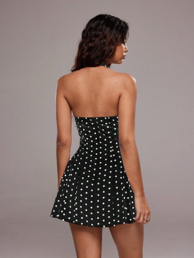 2026 Cross-border Sleeveless Halter Deep V Polka Dot Open Back A-line Mini Dress for Women