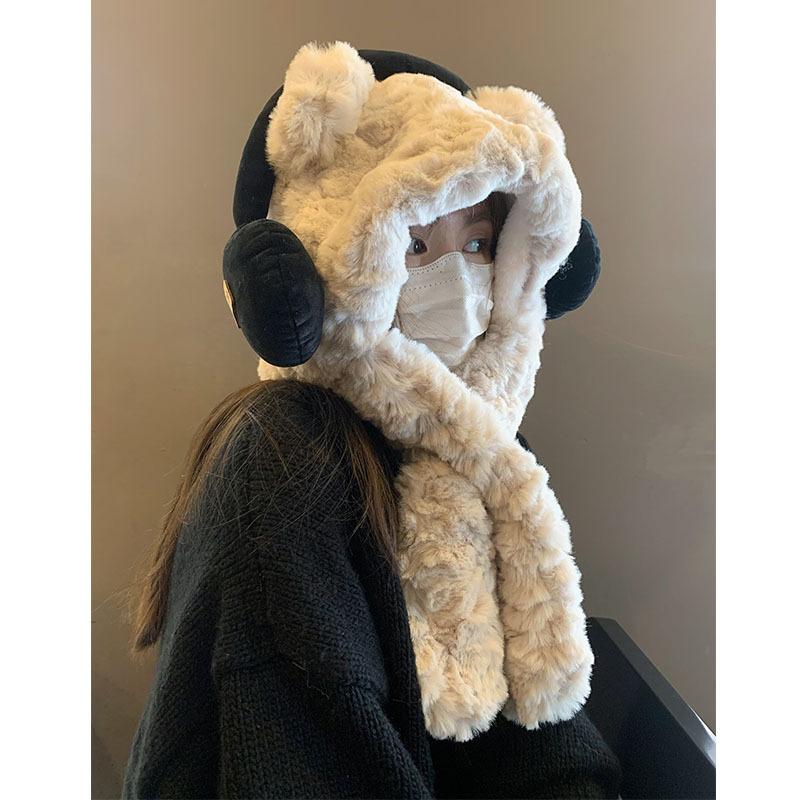 Thickened Cute Headphones Bear Hat Scarf Plush Ear Protection Lei Feng Hat Pullover Hat