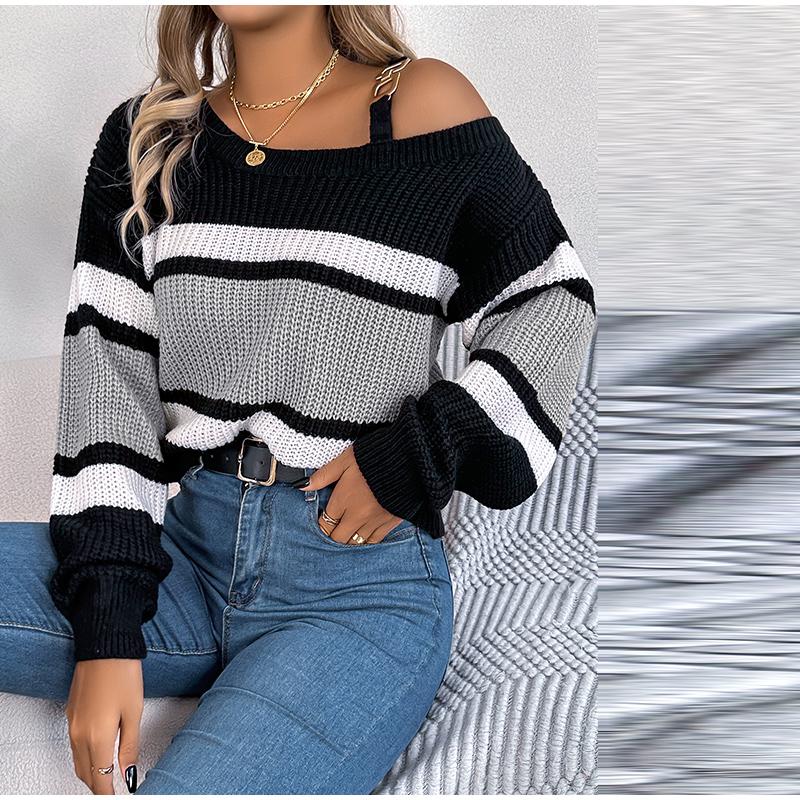 Сексуальный полосатый трикотажный пуловер с вырезом-лодочкой — фото 15