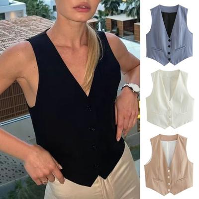 Letní dámská V-výstřih bez rukávů vesta jednoradová malé kapsy slim fit jednobarevná