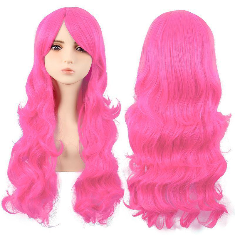 Flerfärgad 70 cm lång lockig animeperuk: Rotfrukt Rosa, Ljusguld, Svart, Roseröd Som Tillval