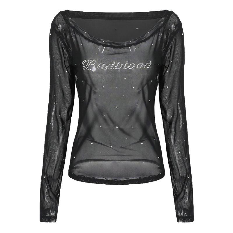 Badblood American Sexy Hot Drilling Mesh T-shirt Female Sheer Long Sleeve Sexy off-the-Shoulder Casual Niche Top