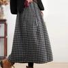 Women's Autumn Winter Thickened Retro Black Grey Plaid Wool Midi Skirt Elastic Waist Versatile A-Line Skirt