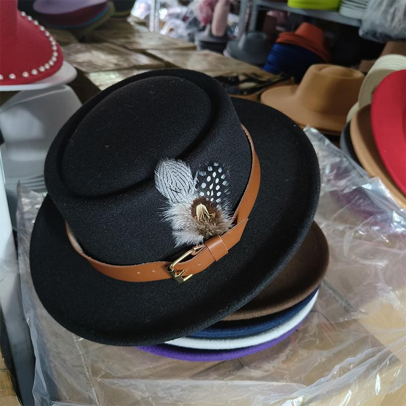 Vintage Pork Pie Hat Men feather fedora hat Webbing Decorative flip-brim Felt hats Panama Gentlemen women Church Jazz Hat
