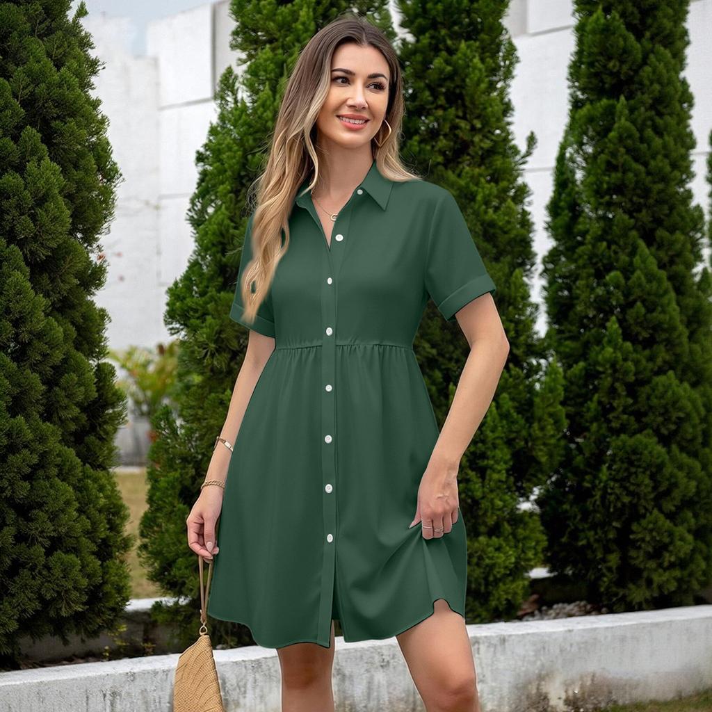 Women Short Sleeve Shirt Dress Button Down Collared Loose Fit Casual Mini Dress with Pockets Summer Style