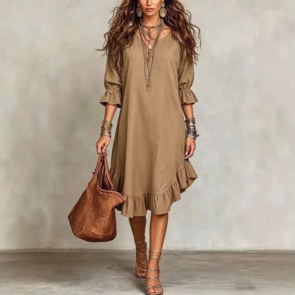 Vestido Casual Ligero de Verano para Mujer Holgado Cuello en V Manga Media Dobladillo con Volantes Longitud hasta la Rodilla Comodidad Vestido para el Día a Día