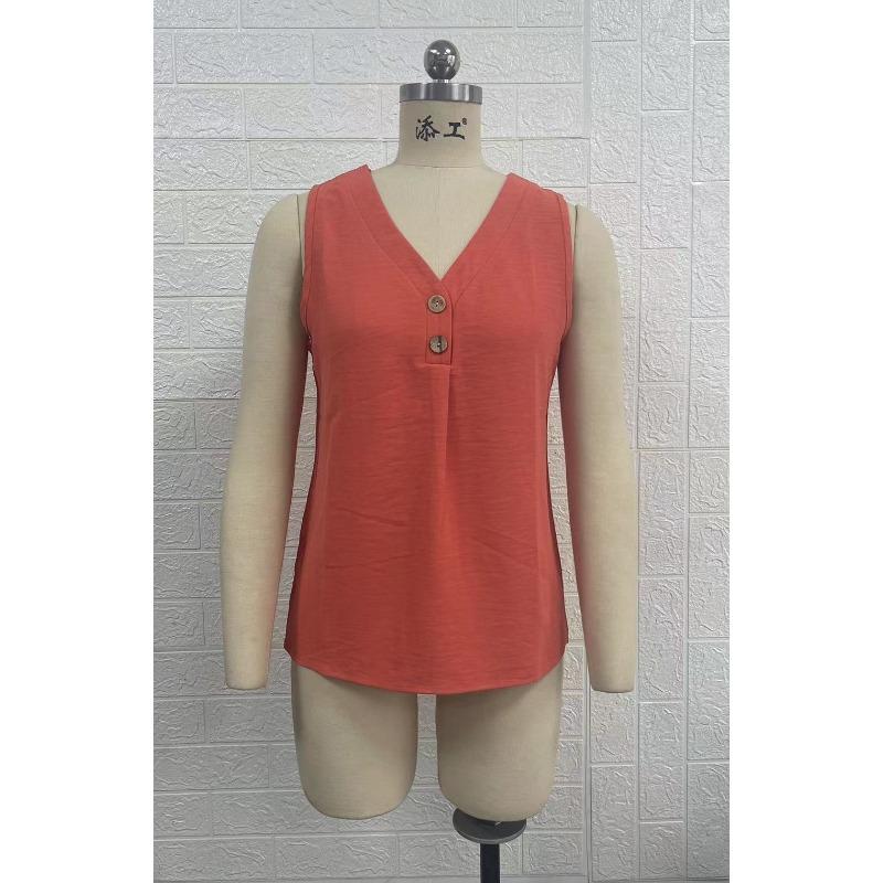 Summer New Women's V-neck Button-down Sleeveless Vest Solid Color Loose Casual T-shirt Top