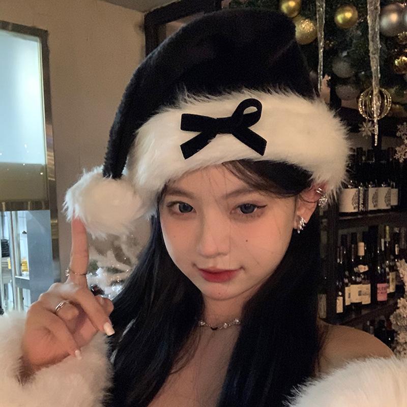 Chapeau Décoratif de Noël Nœud Rouge Féminin Hiver Photo Ambiance Nouvel An Peluche Déguisement de Noël