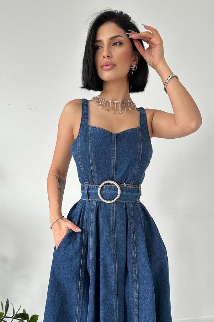 Damenmode Große Größe Herzausschnitt Midi Länge Jeanskleid - Blau