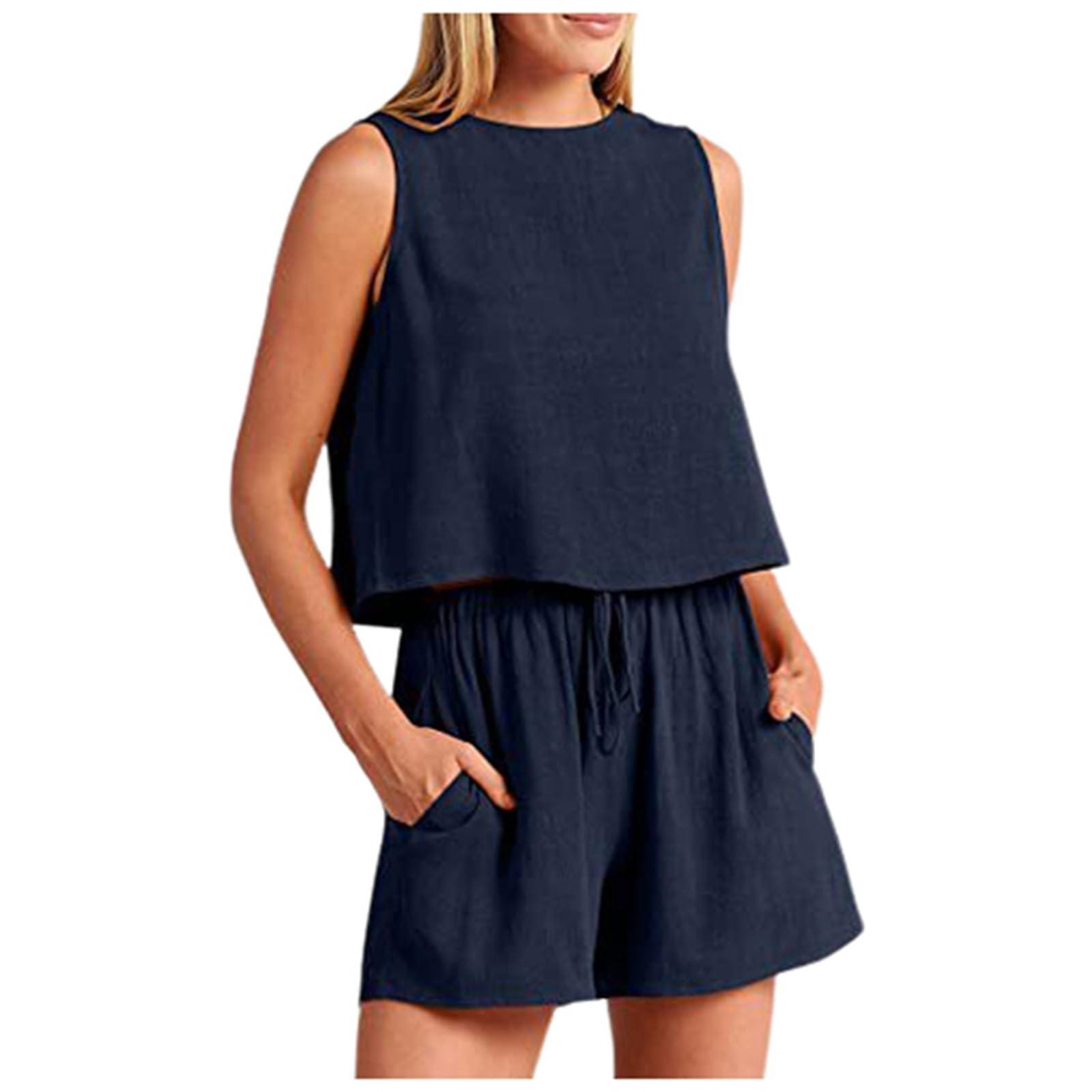 Женский летний льняной костюм из двух предметов без рукавов с круглым вырезом — фото 10