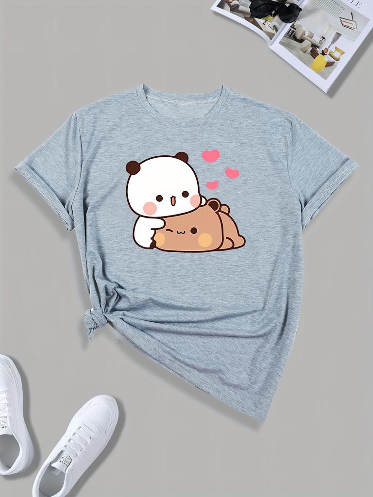 Cartoon Print Round Neck T-shirt Short Sleeve Minimalist Playful Design Fashion Illustration Tee Comfortable Casual Fit harajuku